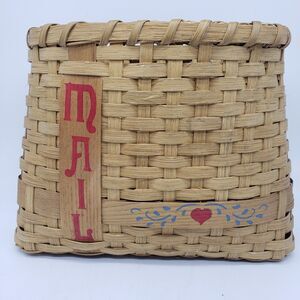 VTG '90‎ Wall Hanging Mail Basket Artist Made Heart & Leaves Folk Art Country